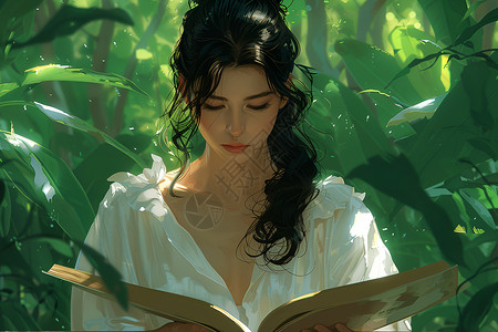 树荫下的读书少女背景图片