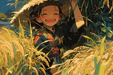 稻草地欢乐稻田中的小女孩插画