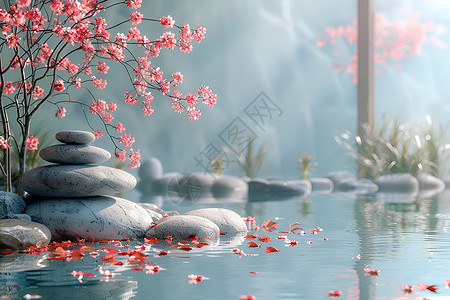 池水中有岩石与花朵背景图片
