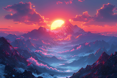 搭脉夕阳下山脉插画