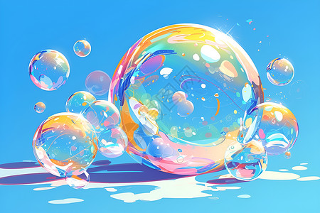 漂浮圆环气泡漂浮在蓝色的一群气泡插画