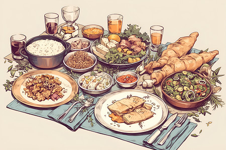 家庭大餐五谷丰登的家庭晚餐插画