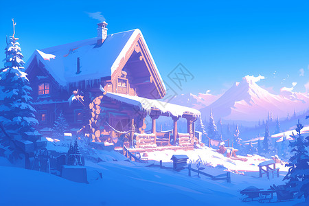 冬季别墅冰雪中的温馨小屋插画