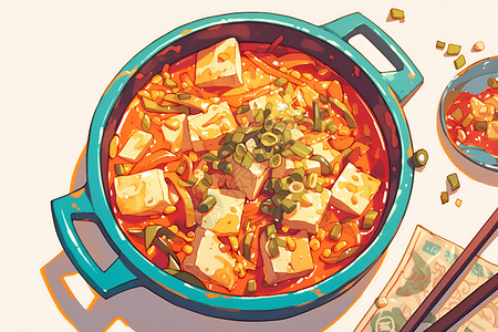 锅里的意大利面锅里的麻婆豆腐插画