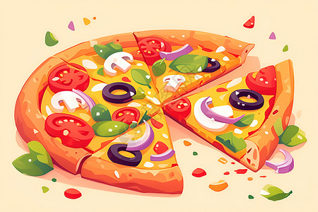 烤披萨五彩斑斓的批萨在桌子上插画