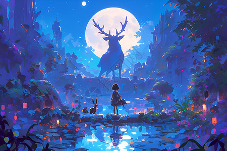魔幻之夜少女与鹿背景图片