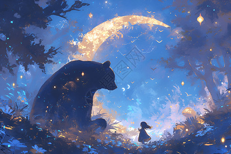 月色舞台背景月色森林中的狗熊插画