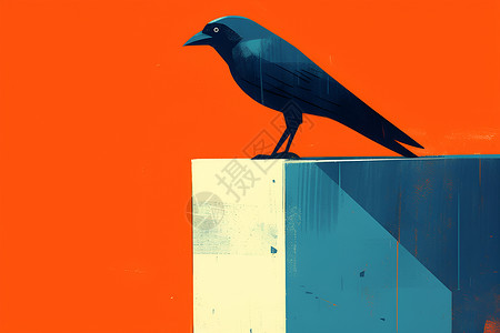 黑低花素材黑鸟坐在橙色背景上插画