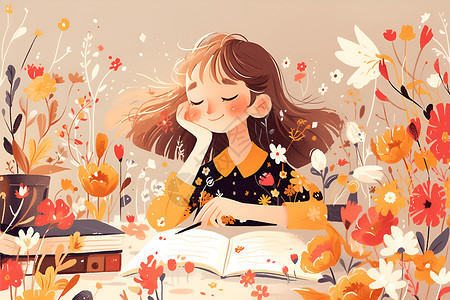 可爱教师节花卉中阅读的女孩插画
