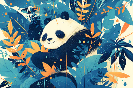 熊猫仰卧于茂密的树叶间插画