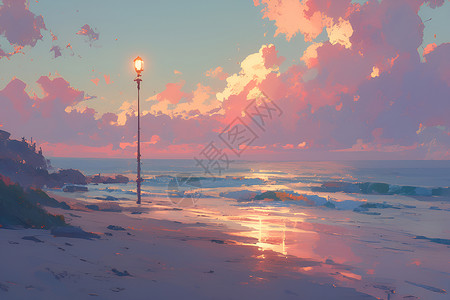 染红的夕阳染红海滩路灯插画