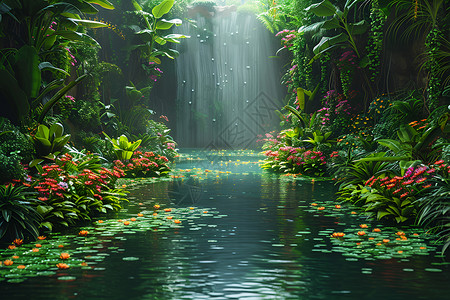 瀑布光效绿色森林中的水域插画