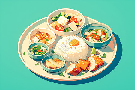 米饭菜盘子中的米饭和菜插画