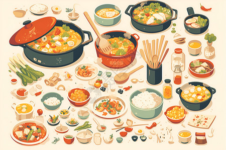 火锅拼盘丰盛健康的食物插画