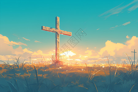 墓园草地中的十字架插画