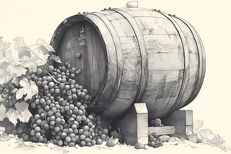 发酵菌绘画的葡萄酒木桶插画