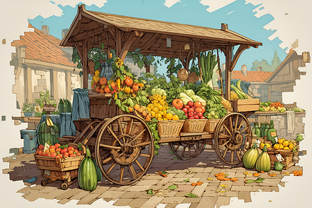 卡通蔬菜水果推车上的蔬菜水果插画