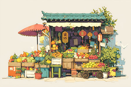 蔬菜水果插画店铺前的蔬菜水果插画