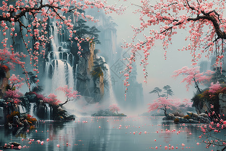 瀑布清泉桃花围绕高清图片