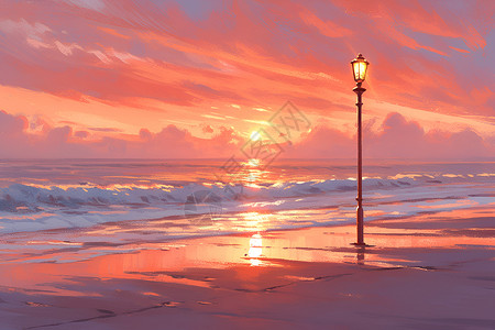 路灯下的小姑娘夕阳余晖下的海滩插画