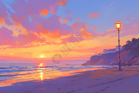 一体化路灯夕阳黄昏下的海滩插画