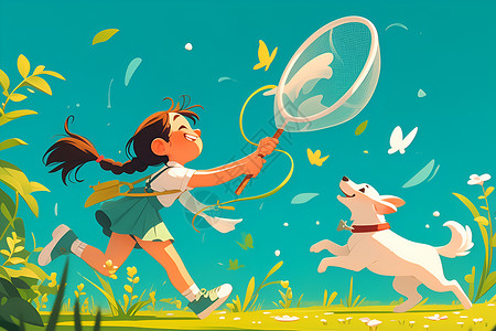 草地上玩耍的狗草地上追逐蝴蝶的女孩插画