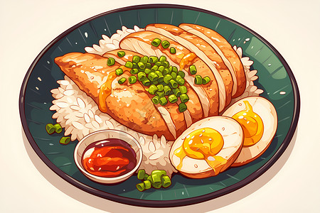 美味香葱鸡肉饭插画