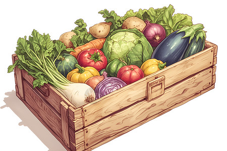 农场新鲜木盒中的蔬菜插画