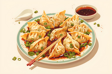 买早点一盘美味的饺子插画