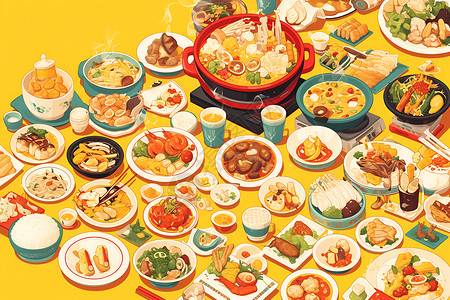 香辣田鸡一桌子的丰盛美食插画