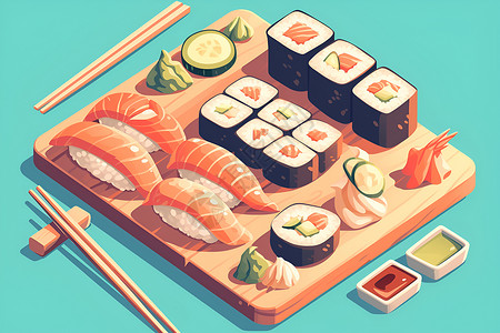 鳗鱼炒饭美味的寿司盛宴插画