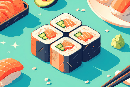 寿司卷与新鲜的鱼背景图片