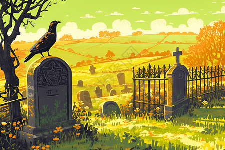 石碑墓碑上的乌鸦插画