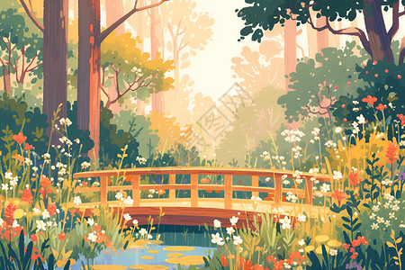 白蜡木树树林里的木栈桥插画