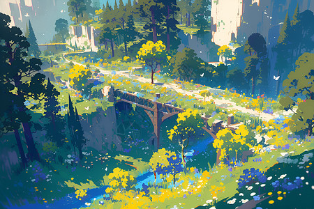 里亚托桥森林里的桥与花插画