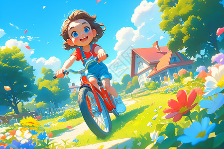 可爱女孩骑车少女骑车穿过公园插画