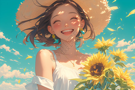阳光少女手拿向日葵花束背景图片