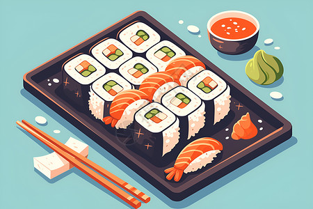 一盘多彩的寿司背景图片