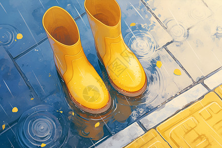 水洼雨中的一双雨靴插画