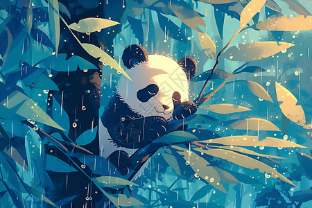 静享自由熊猫静享雨中丛林插画