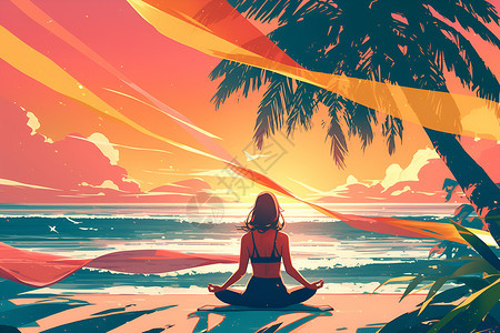 海滩天空夕阳下的瑜伽女子插画
