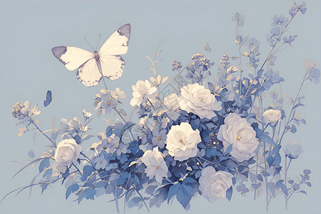 蓝色妖姬花语绽放的白色月季花插画