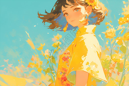 黄色裙子稻田间的传统女孩插画