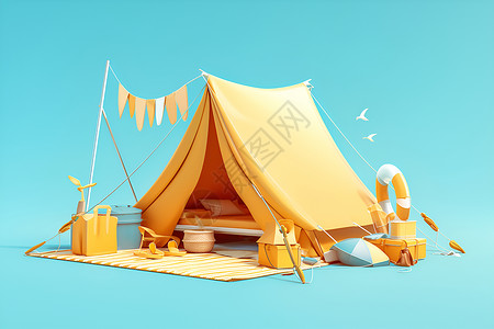 黄色帐篷夏日的黄色营地插画