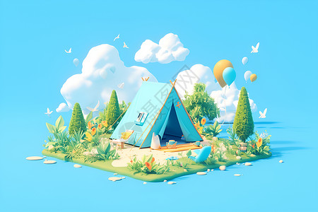 帐篷海边青蓝色中的营地插画