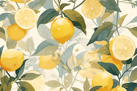 柠檬与叶子的水彩拼贴背景图片