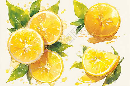 水彩柠檬组合柠檬与绿叶插画