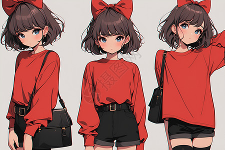 黑色短裤可爱的红衣少女插画