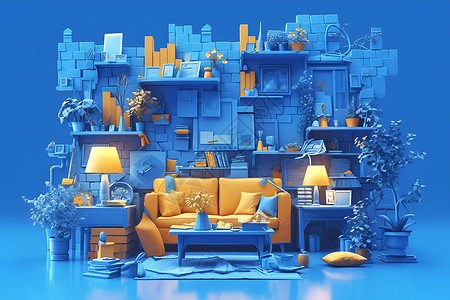 家具墙壁蓝色墙壁家具的房间插画