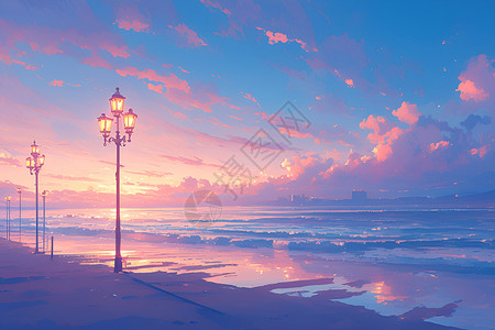 海岸线 绘制黄昏时分的海滩插画